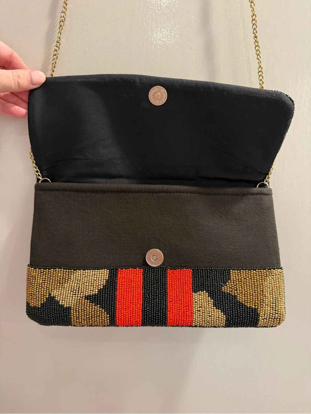 Beaded Bee Embellished Clutch - Brown/Black/Red